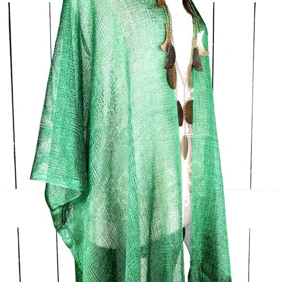 Green metallic mesh fringe kimono cover up - Picture 3 of 7